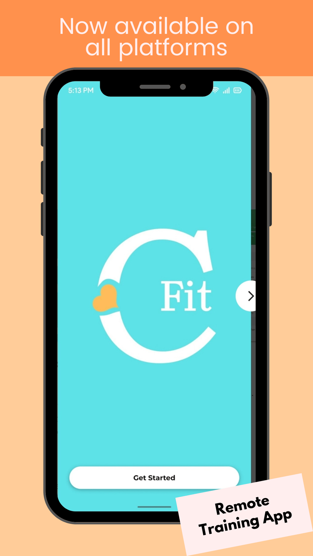 Image of cell phone displaying the C-Fit app on it, available on all platforms for remote fitness training